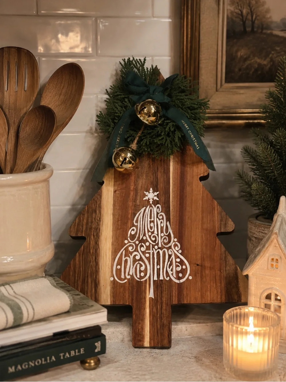 Wooden Tree Holiday Sign with Green Bow and Gold Bells - Merry Christmas
